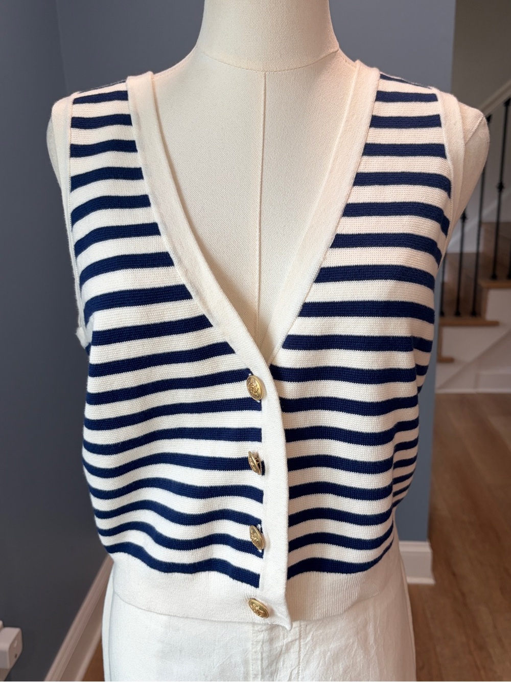 J.Crew NWT Striped Cotton Sweater Vest Navy Ivory Gold Buttons Size M